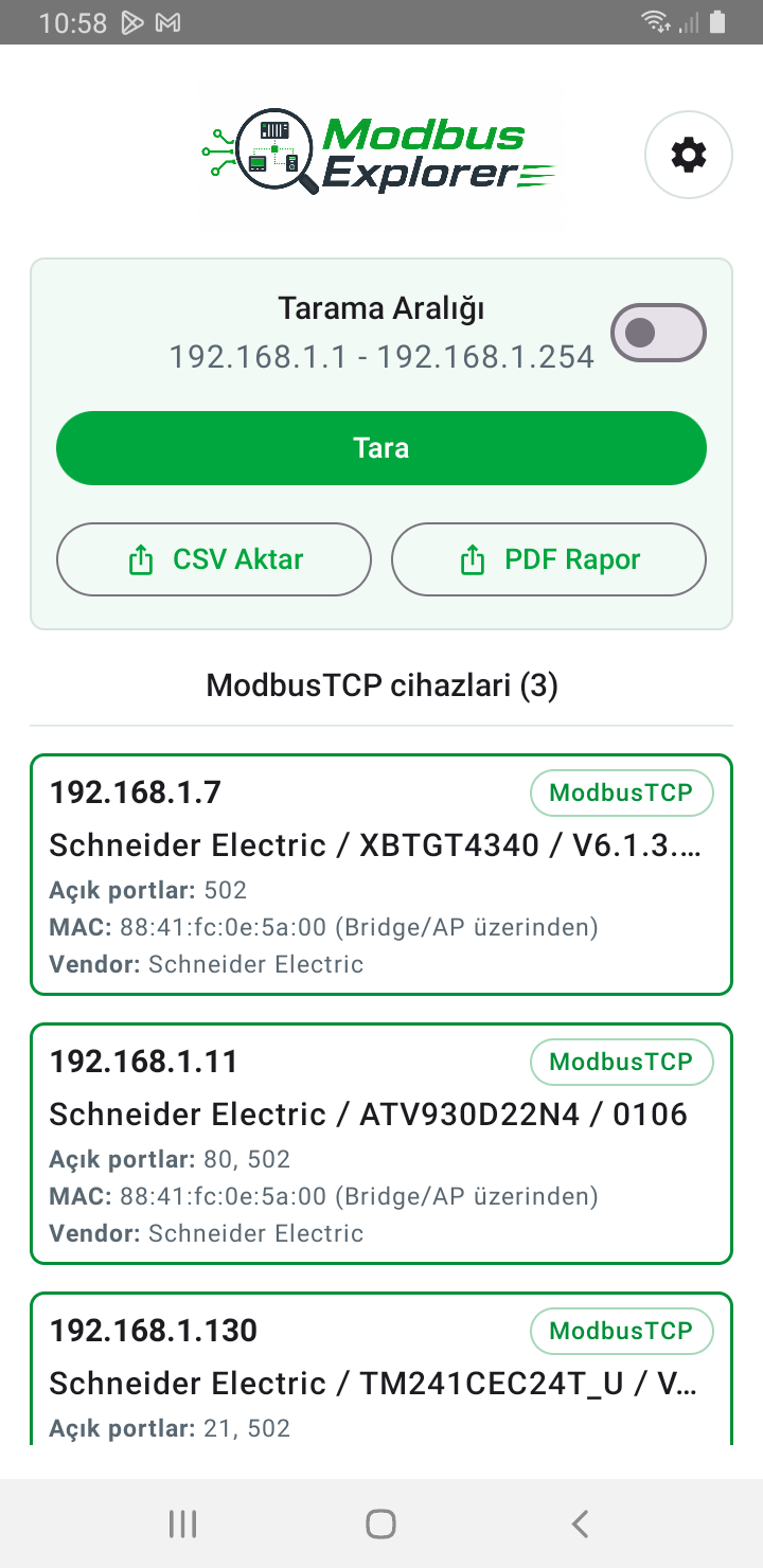 Modbus Explorer Android uygulaması tarama ekranı